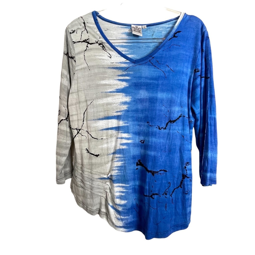 Parsley & Sage Blue Gray Black V-Neck 3/4 Sleeve Boho Artsy Knit Top Size M‎